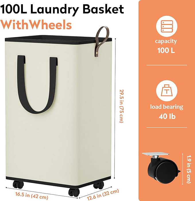 SpaceTrove Laundry Basket with Wheels, Collapsible Laundry Baskets, Laundry Hamper with Handles Detachable Wheels, Rolling La