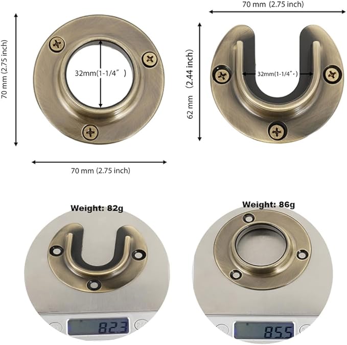 1 Pair Heavy Duty Antique Brass Zinc Closet Pole Sockets Rod End Support Flange Rod Holder Set Wall Mount Pipe Bracket with S