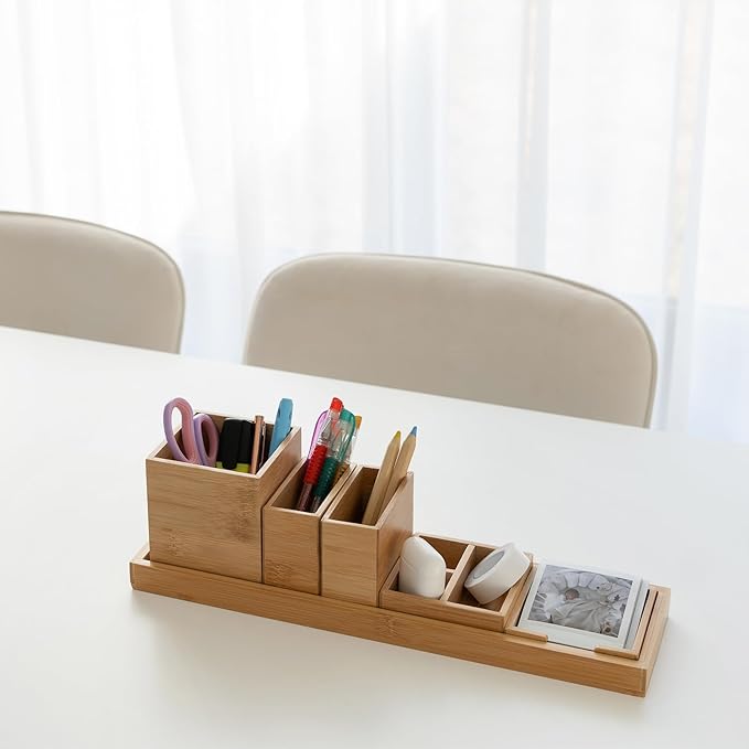 Bamboo Vanity Tray, 6-Piece Bathroom Countertop Vanity Tray Set, Makeup Kitchen Desk Organizer and Storage - Holds Small Item