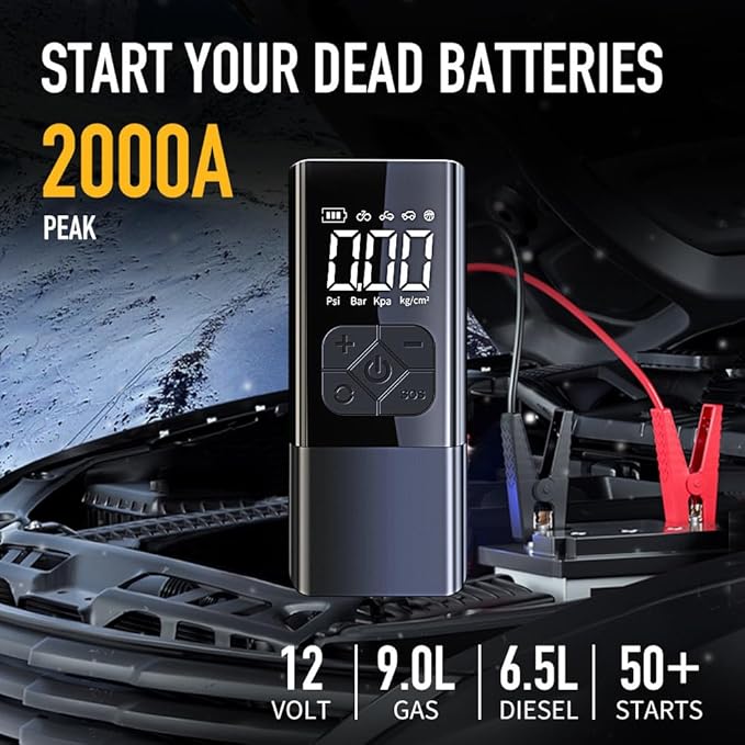 Tire Inflator Portable Air Compressor with Jump Starter - 150PSI & 8000mAh Car Battery Jump Starter with Tire Pressure