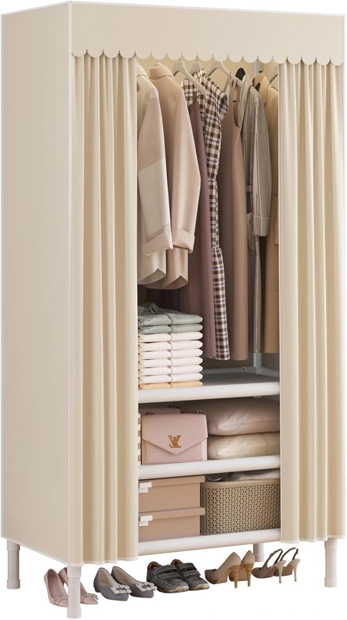 Portable Closet,Garment Rack,Heavy Duty Clothes Rack with Cover,Wardrobe Closet with 1 Hanging Rods, 2 Storage Shelves,27.5" 