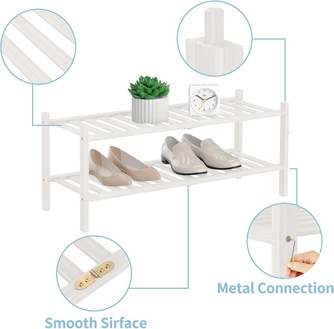 RONGJlA 2 Tier Bamboo Shoe Rack for Closet Free Standing Wood Shoe Shelf Storage Organizer for Entryway Small Space Stackable