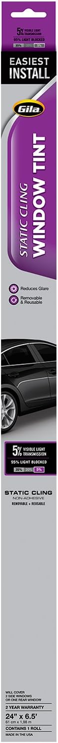 Gila Static Cling 5% VLT Automotive Window Tint DIY Easy Install Glare Control Privacy 2ft x 6.5ft (24in x 78in), 5% Super Limo Black (JS242)