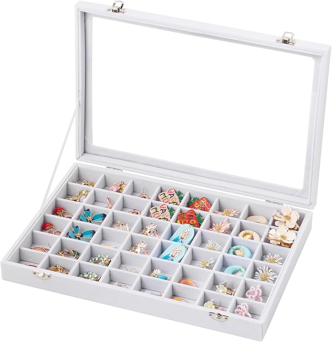 Frebeauty 48 Grid Jewelry Tray,Adjustable Earring Holder Organizer with Glass Lid,Velvet Drawer Jewelry Organizer for Rings,S