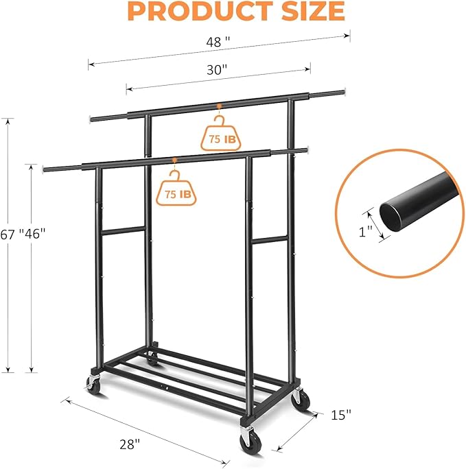 Fishat Stand Portable Black Double Rods Garment Clothes Rack with Rolling and Lockable Wheels Mobile, 48" W x 15" D x 67" H, 