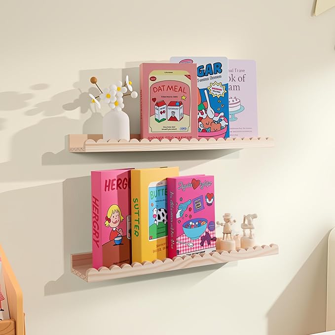 NEXHOME PRO Nursery Book Shelves, 2-Pack Solid Pine Wood Floating Shelves for Wall Kids, Wall Mounted Shelves for Bedroom/Liv