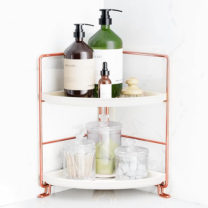FSyueyun 2-Tier Corner Bathroom Counter Organizer, Tool-Less Installation Vanity Shelf Small Plastics Countertop Makeup Tray 