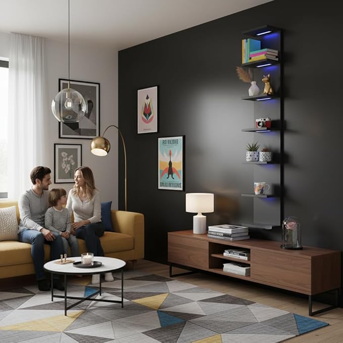 7-Tier Wall Shelf with 10 RGB Lighting Modes, Multifunctional Wall Mounted Vertical Display Floating Shelf for Bedroom Living