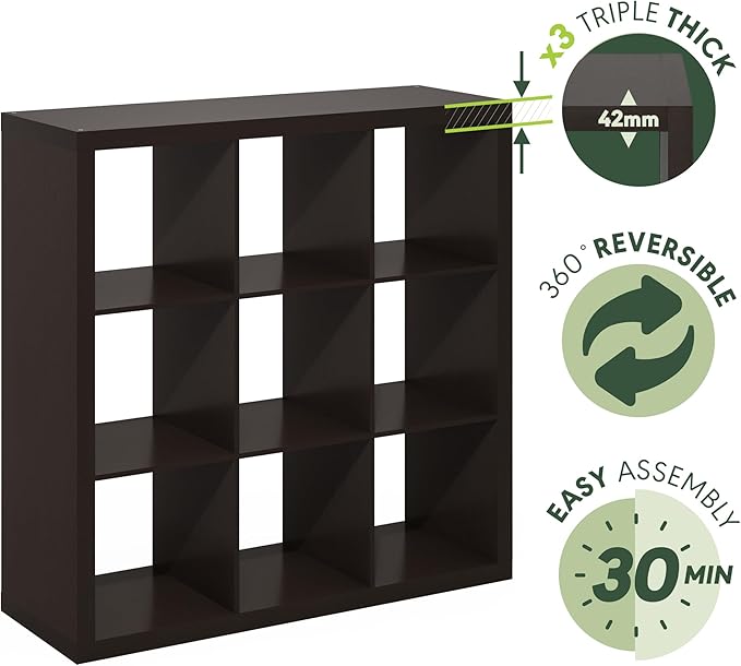 Furinno Cubicle Book Shelf, 9-Cube Bookshelf, Triple Thick Frame Cube Storage Organizer, 1.65" Thick Bookcase, 15.4" x 43.8" 
