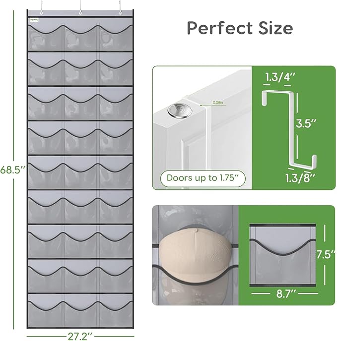 Unjumbly Baseball Hat Rack, 27 Pocket Over-The-Door Hat Organizer with Clear Deep Pockets to Display Baseball Caps Collection
