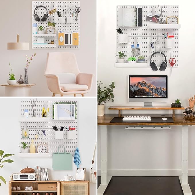 16pcs Pegboard sets, Plastic White Peg board Wall Organizer Kits,4pcs Peg Board and 12 Accessories Modular Hanging, Wall Moun