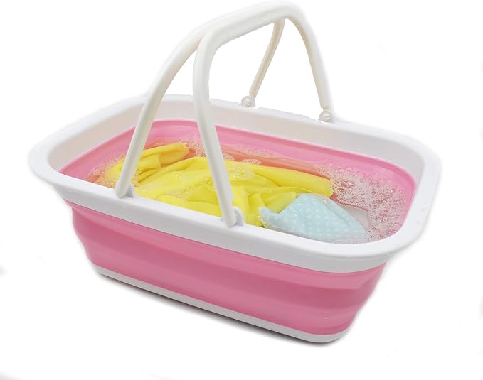 SAMMART 9.2L (2.37Gallon) Collapsible Tub with Handle - Portable Outdoor Picnic Basket/Crater - Foldable Shopping Bag - Space Saving Storage Container (1, White/Pink)