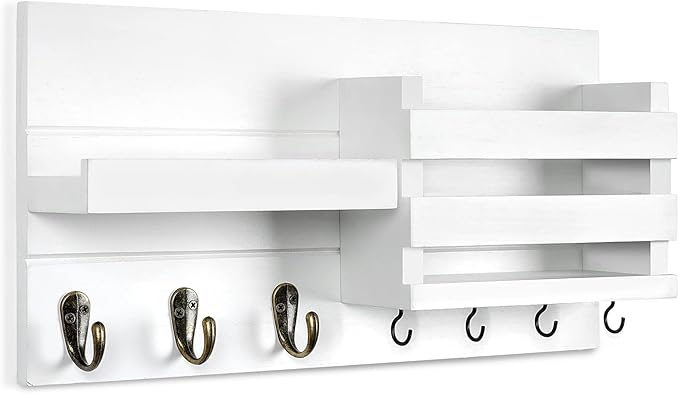 Lwenki Mail Organizer for Wall Mount – Key Holder with Shelf Includes Letter Holder and Hooks for Coats, Dog Leashes – Rustic
