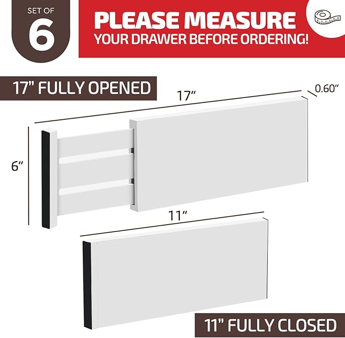6 Pack Drawer Dividers 6 Inch High, 11”-17" Adjustable Bamboo Organizers Large Expandable Drawer Separators for Cloths, Dress