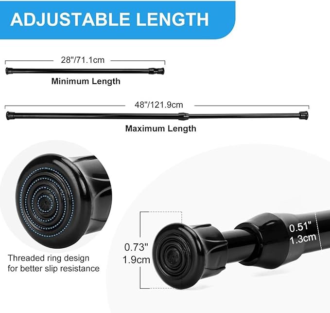2 Pack Tension Curtain Rod 28-48 Inch, Small Short Adjustable Extendable Spring Loaded Rods for Windows Cabinet Blinds Closet