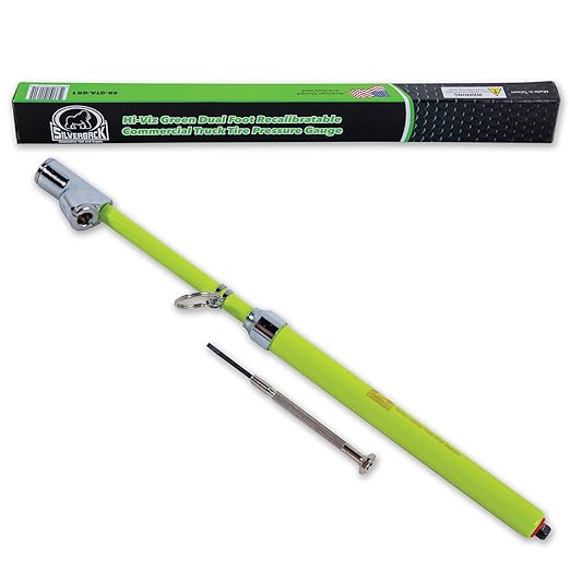 Silverback Hi-Visibility Green Dual Foot Commercial Truck Tire Pressure Gauge, Recalibratable. Heavy Duty Stick Gauge with Black Metal Bar, Range 10-150 PSI in 2 PSI Increments.