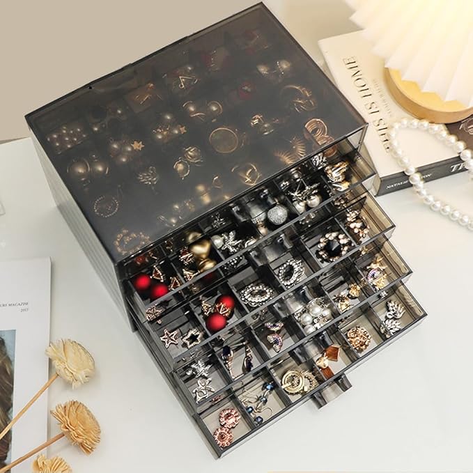 YUFONG Earring Storage Box Organizer, Acrylic Jewelry Storage Box Holder 5 Drawers Transparent Jewelry Display Stand with 120