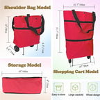 Collapsible Shopping Grocery Bag With Wheels Rolling Tote Bag With Wheels Large Reusable Shopping Bags Foldable Cart(Red,Large)