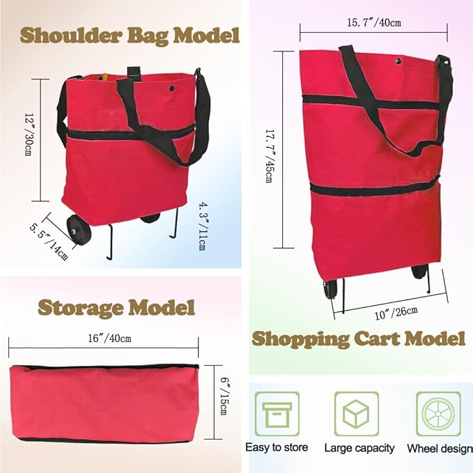Collapsible Shopping Grocery Bag With Wheels Rolling Tote Bag With Wheels Large Reusable Shopping Bags Foldable Cart(Red,Large)