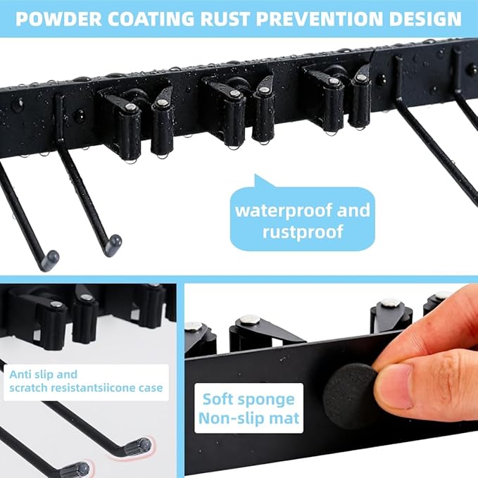 Broom Holder Door Mount,Door Mounted Broom and Mop Holder with Dual Tool Hooks, Three Slots, and One Tool Storage Basket For 