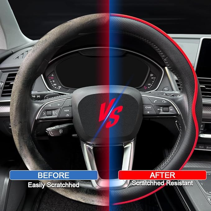 HAOTULE Leather Steering Wheel Cover， with Anti-Slip Stripe Design - Enhanced Grip, Fashion Style, Safe, Non-Slip, Breathable