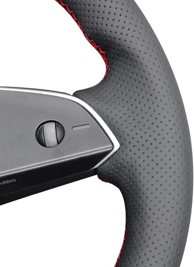 MEWANT Hand Stitched Matte Carbon PU Leather Steering Wheel Cover Wrap for Tesla Model 3 Highland 2023 2024 2025 Steering Wheel Accessories Real Leather