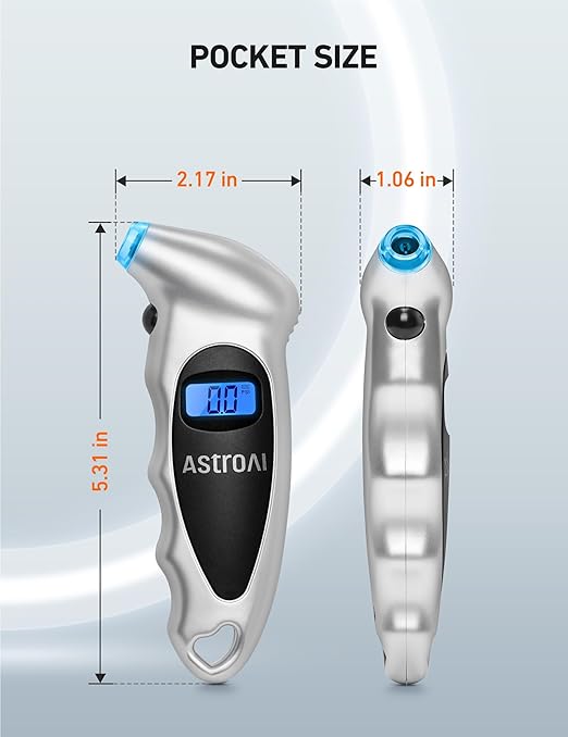 AstroAI Digital Tire Pressure Gauge 0-150PSI Calibrated to ANSI B40.7 +/-1PSI, 4 Units for Car Truck Bicycle with Backlight LCD and Presta Valve Adaptor, Sliver, 2Pack