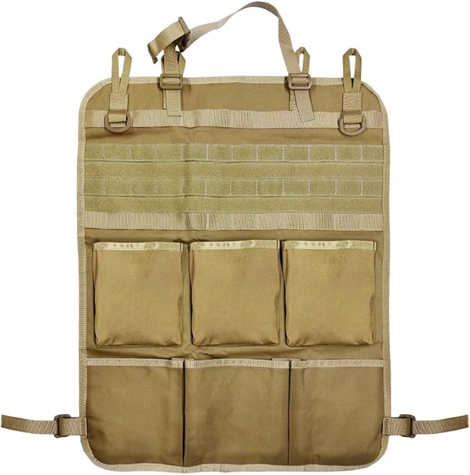 Tactical Molle Panel Car Seat Back Organizer, Waterproof Car Front Seat Protector with Multiple Pockets, Universal Kick Mat for Kids/Pets, Vehicle Backseat Storage Bag for Most Cars (Khaki)