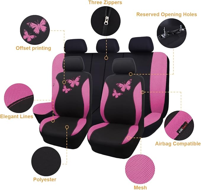 Flying Banner Butterfly car seat Covers ful Set Fashion Universal Lady Woman Female Rear Bench Split Colorized (Full Set, Pin