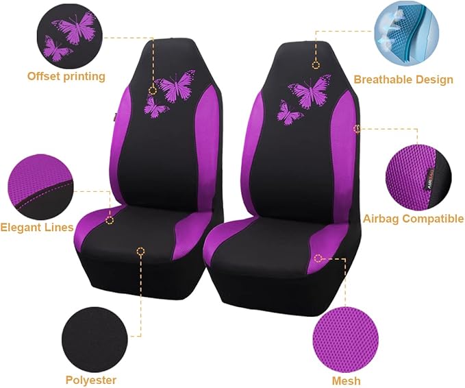 Flying Banner Butterfly car seat Covers ful Set Fashion Universal Lady Woman Female Rear Bench Split Colorized (2 Fronts, Pur