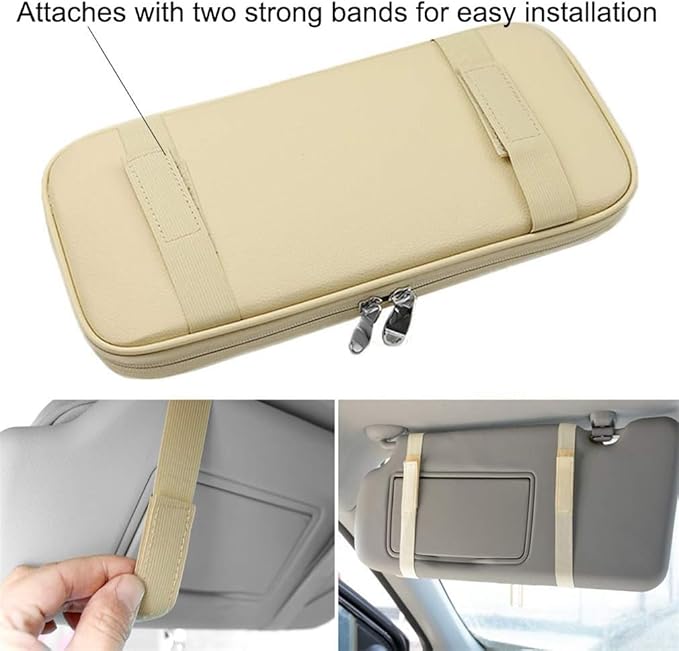 Car Sun Visor Organizer, Auto Interior Accessories Pocket Organizer - Car Truck SUV Storage Pouch Holder, with Multi-Pocket Net Zipper (Beige)
