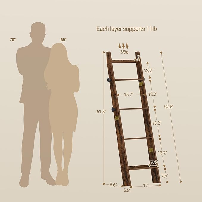 Hzuaneri Blanket Ladder for Living Room, Decorative Quilt Rack with 4 Removable Hooks, 5-Tier Blanket Ladder Shelf for Bedroo