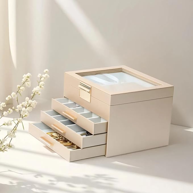BOOVO Clear Lid Jewelry Box,4 Layers Jewelry Organizer Large Jewelry Storage Box with 3 Drawers,Jewelry Holder Organzier of R
