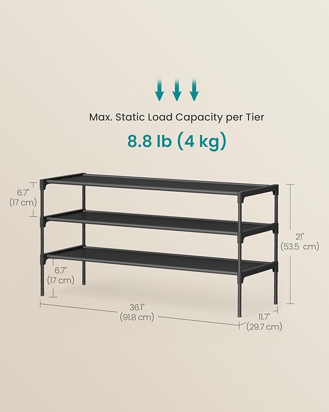 SONGMICS Shoe Rack, 3-Tier Shoe Storage Organizer, Space-Saving, 11.7 x 36.1 x 21 Inches, Entryway, Metal Frame, Non-Woven Fa