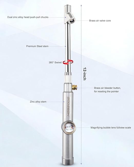 GODESON Tire Pressure Gauge with Hold Reading, 360° Swivel Dual Head Chuck with Pressure Gauge - 20-160 PSI,Big Window,12" Zinc Alloy & Steel Air Gauges for Semi Trucks, RVs, Trailers