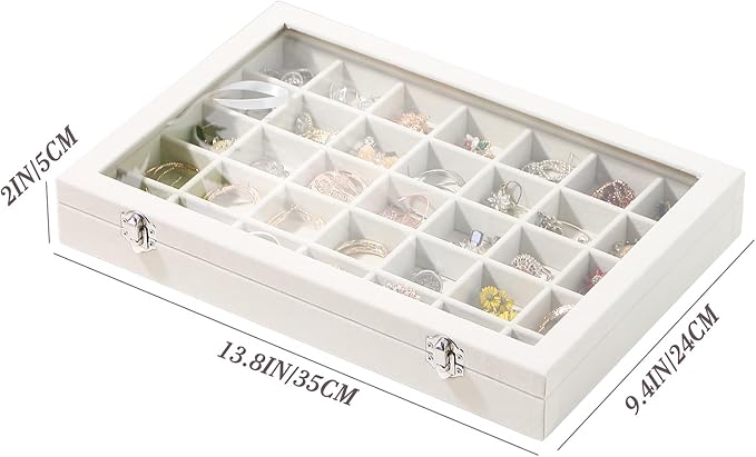 Coward Ring Earring Jewelry Organizer Box, 35 Grids Dustproof Display Holder Case, Beige Velvet Jewelry Bead Display Tray Cas