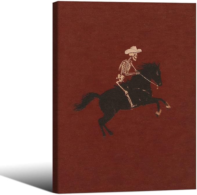 Retro Western Framed Wall Art Skeleton Cowboy Poster Vintage Bucking Bronco Prints Quirky Western Horse Rider Painting Hallow