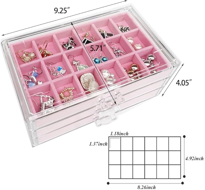 YUFONG Earring Organizer Box Acrylic Jewelry Organizer with 3 Drawers 54 Adjustable Grids Clear Stackable Earring Holder Velv