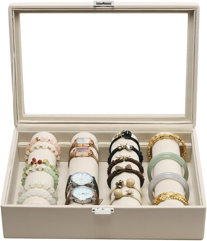 Bracelets Organizer Rods Bangles Display Holder, Clear See through Lid Leather Velvet Jewelry Storage Box Case for Women, 4 R