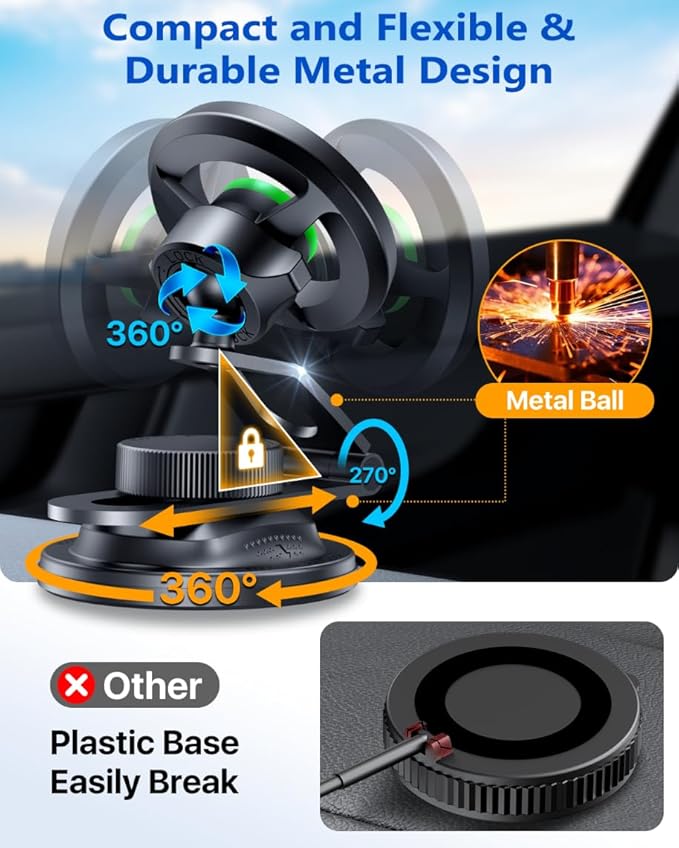 HTU 2026 Upgraded Car Phone Holder for Magsafe Magnetic Car Phone Mount [360° Adjustable 99LBS Ultra Suction] Cell Phone Holders for Tesla Cars/Gym/Mirror Mount for iPhone & Android (Black)