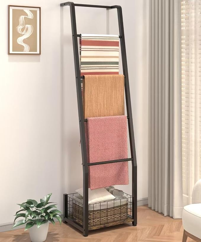 6.3ft Blanket Ladder with Storage Basket, 5 Tier Decorative Ladder Shelf Stand for Living Room & Bedroom, Wall-Leaning Blanke