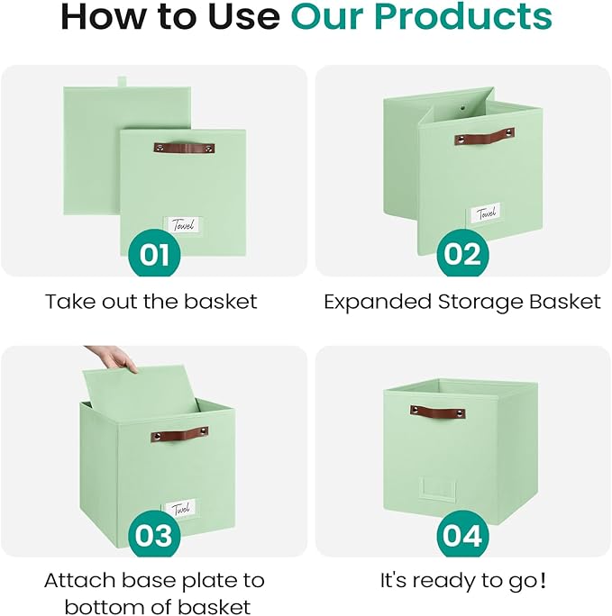 FinishingBo 6-Pack Storage Cubes with Handles & Label Holders Basket, Closet Cube Home Organizer Bins(Green, 13 x 13 x 13 inc
