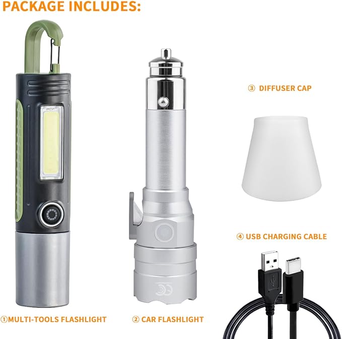 Small Flashlight Rechargeable with Diffuser 12 Volt Car Cigarette Lighter & USB C Charge for Auto Vehicles Emergency, Car Esc