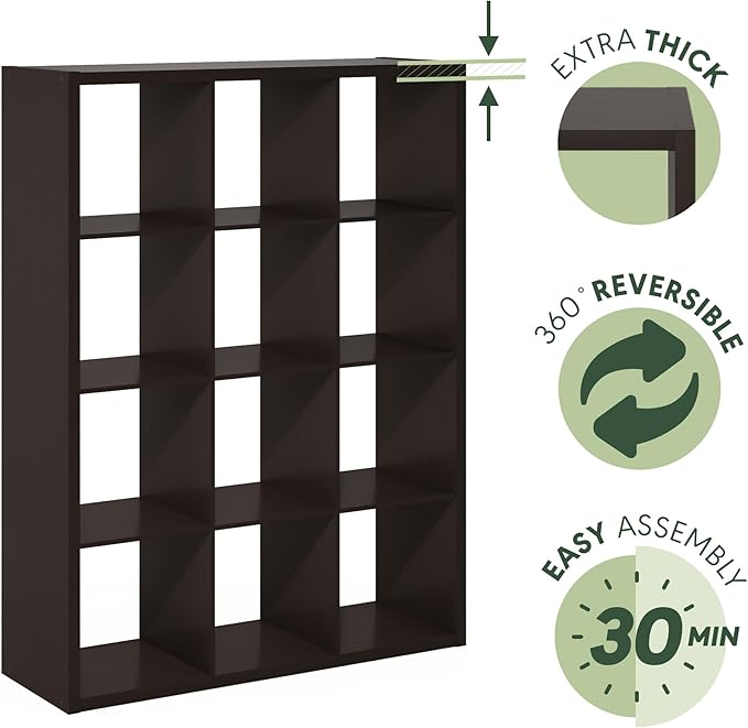 Furinno Cubicle Book Shelf, 12-Cube Bookshelf, Extra Thick Frame Reversible Bookcase with Open Back, 14.6" x 44" x 58", for L
