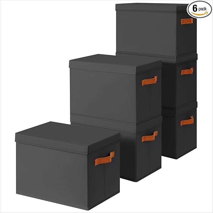 Homsorout Storage Bins with Lids - Fabric Storage Baskets for Shelves, 6 Pack Foldable Decorative Boxes with Handles, Stackab