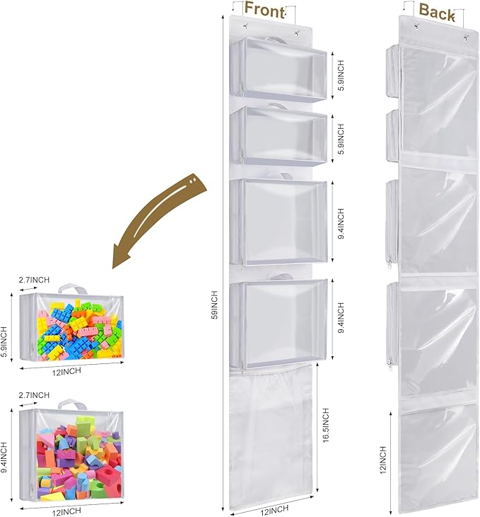Woodoulogy Hanging Toy Storage over Door, Block Stuffed Animal Organizer Idea with 4 Removable Case Bag, Bi-Fold Closet Holde