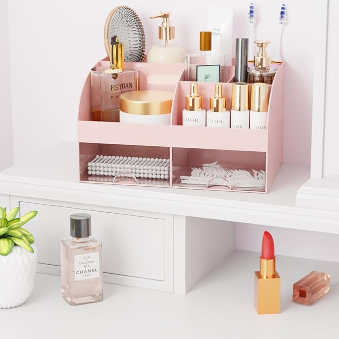 Makeup Organizer with Drawers, Cosmetic Storage for Dresser Vanity and Bathroom Countertop, Beauty Holder for Lipstick Brush,