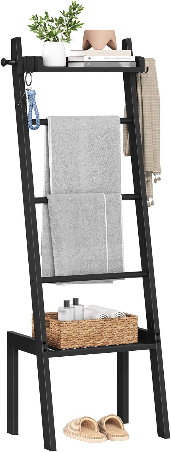 HOOBRO Blanket Ladder, 5 Tier Bamboo Ladder Shelf, Blanket Ladders for Living Room and Bedroom, Farmhouse Blanket Holder Rack