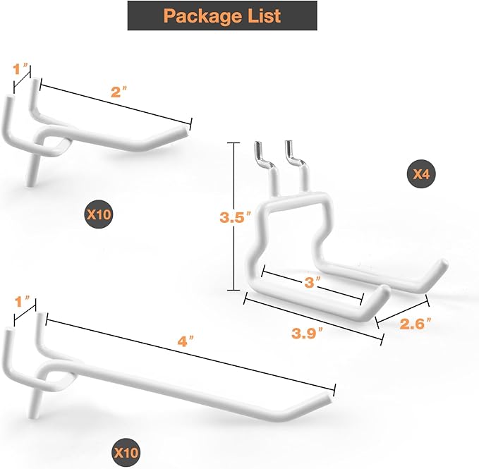 G.CORE 24-Pack Pegboard Hooks, 2" 4" Peg Board Tool Utility Hangers Fit 1/4" Pegboards, Heavy Duty Metal Shelving Brackets, W