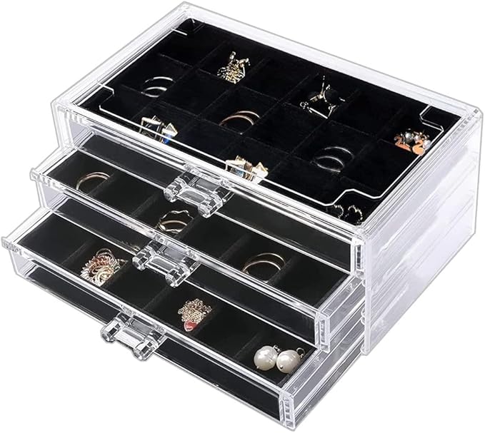 YUFONG Earring Organizer Box Acrylic Jewelry Organizer with 3 Drawers 54 Adjustable Grids Clear Stackable Earring Holder Velv